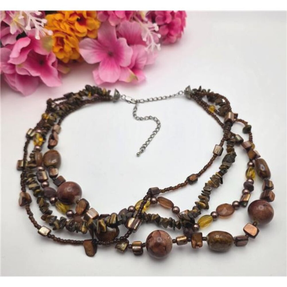 Boho Layered Tiger Eye Glass Shell Lucite Beaded Necklace Brown 23 in